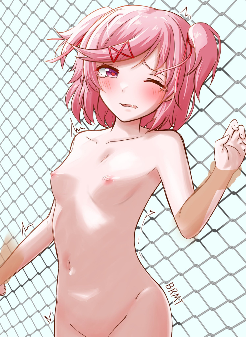 1girls 5_fingers artist_name blush blush_lines breasts brolymatsumoto_(artist) chain_links chains disembodied_hands doki_doki_literature_club female fence heart-shaped_pupils motion_lines natsuki_(doki_doki_literature_club) navel nipples one_eye_closed open_mouth pink_eyes pink_hair pink_nipples small_breasts tears