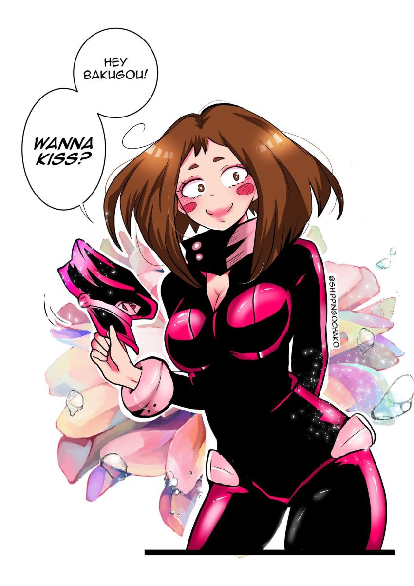 1girls bodysuit camie_utsushimi camie_utsushimi_(cosplay) english_text female female_only hat illusion inviting katsuki_bakugou my_hero_academia ochako_uraraka shippingochako skin_tight solo straight_hair text tight_clothing voluptuous