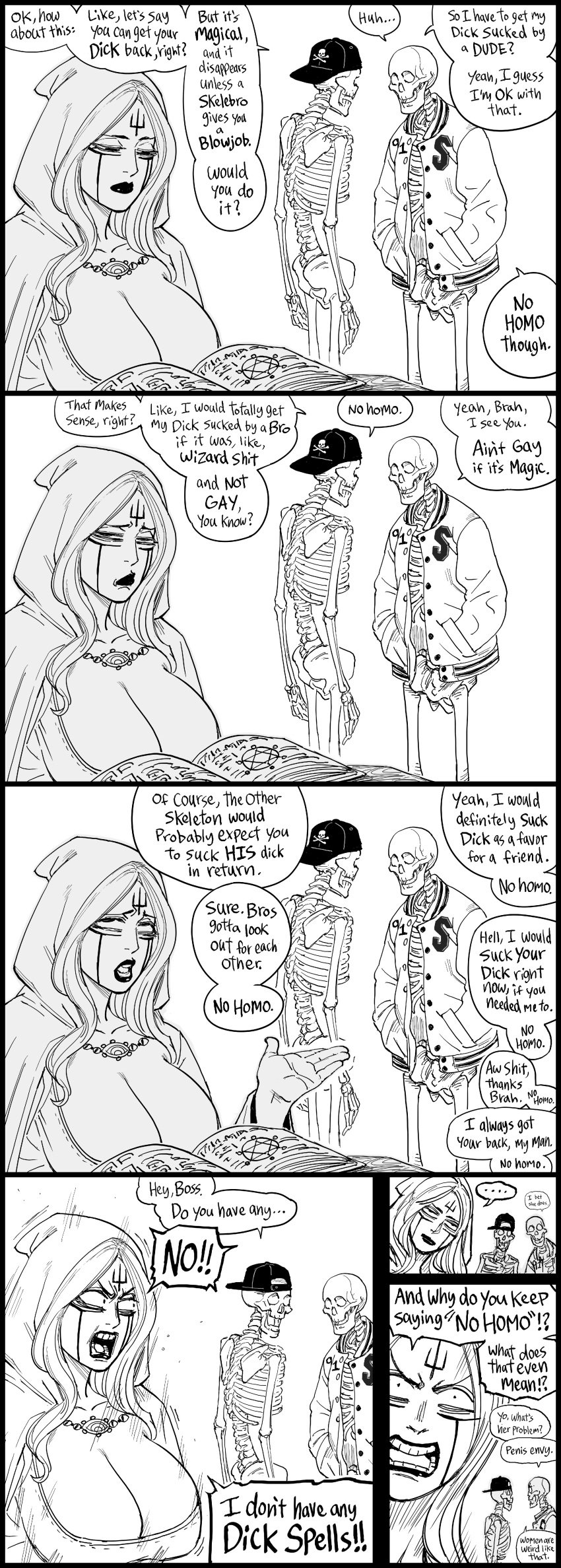 1girls 4_panel_comic absurd_res alice_the_necromancer_(baalbuddy) bb_(baalbuddy) big_breasts black_and_white cleavage comic dialogue english_text female four_panels funny hood necromancer no_homo skeleton speech_bubble