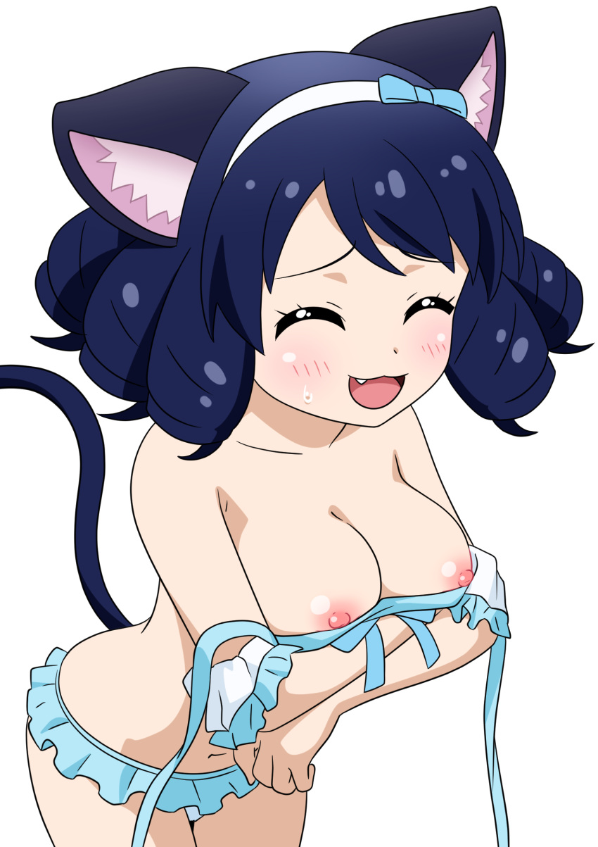 animal_humanoid areola bikini black_hair blush bodily_fluids bow_ribbon breasts cat_humanoid closed_eyes clothed clothing cyan_(show_by_rock!!) cyan_hijirikawa domestic_cat exposed_breasts fangs felid felid_humanoid feline feline_humanoid felis female hair hi_res humanoid kyodori mammal mammal_humanoid navel nipples open_mouth pink_nipples sanrio short_hair show_by_rock!! simple_background solo sweat sweatdrop swimwear teeth topless topless_female topless_humanoid wardrobe_malfunction