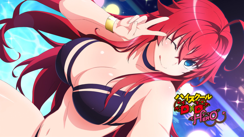 1girls blue_eyes blush bra eyecatch high_school_dxd one_eye_closed peace_sign red_hair rias_gremory smiling swimsuit tongue_out winking