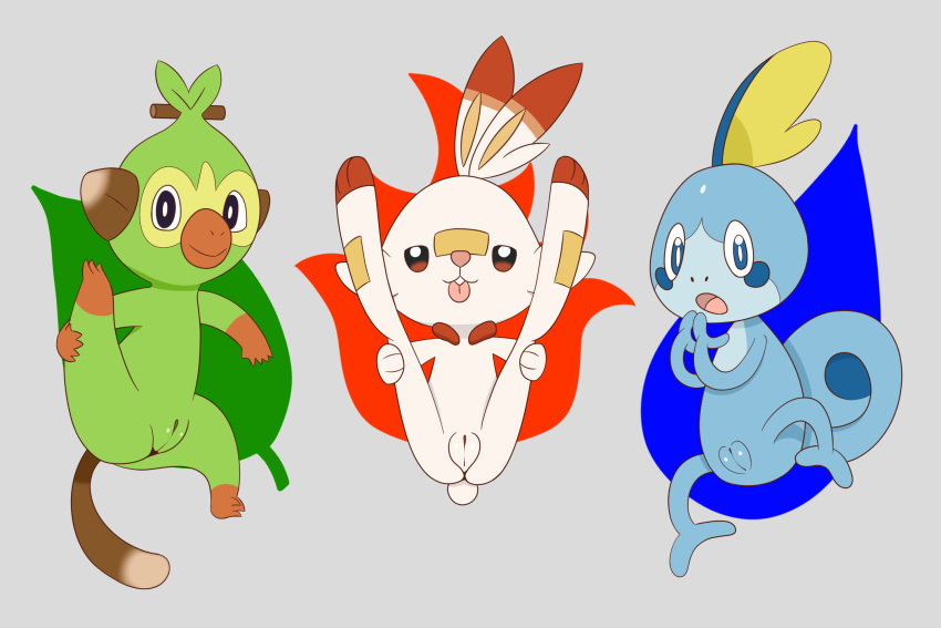 3girls absurd_res feral grookey lagomorph looking_at_viewer monkey multiple_girls pokémon_(species) pokemon pussy scorbunny sobble spread_legs tongue_out yerky6