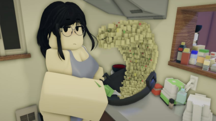 1girls 3d akrscoi apron apron_only ass black_eyes black_hair black_sclera breasts circular_glasses cleavage cooking eyebrows_visible_through_hair female female_only food functionally_nude glasses indoors kitchen long_hair medium_breasts meme naked_apron pale-skinned_female pale_skin physically_impossible roblox robloxian solo standing unamused