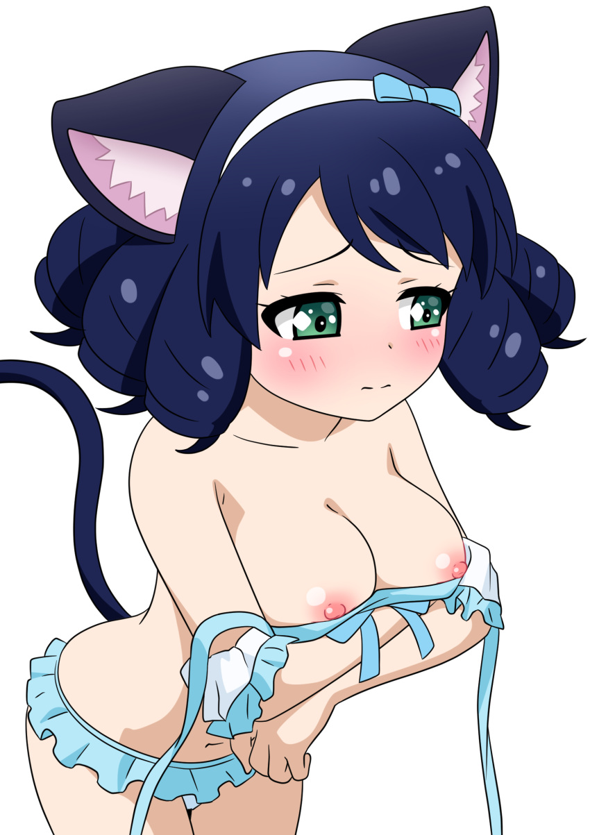 animal_humanoid areola bikini black_hair blush blushing_profusely bodily_fluids bow_ribbon breasts cat_humanoid clothed clothing cyan_(show_by_rock!!) cyan_hijirikawa domestic_cat exposed_breasts fangs felid felid_humanoid feline feline_humanoid felis female green_eyes hair hi_res humanoid kyodori mammal mammal_humanoid navel nipples open_mouth pink_nipples sanrio short_hair show_by_rock!! simple_background solo swimwear teeth topless topless_female topless_humanoid wardrobe_malfunction