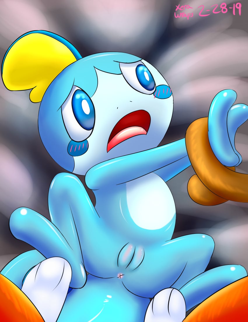 artist_name asshole blue_eyes blue_pussy blue_skin blush bondage eyes feral hands_tied hi_res looking_away offscreen_character pokémon_(species) pokemon pussy sobble spread_legs tail tears tongue xerawraps