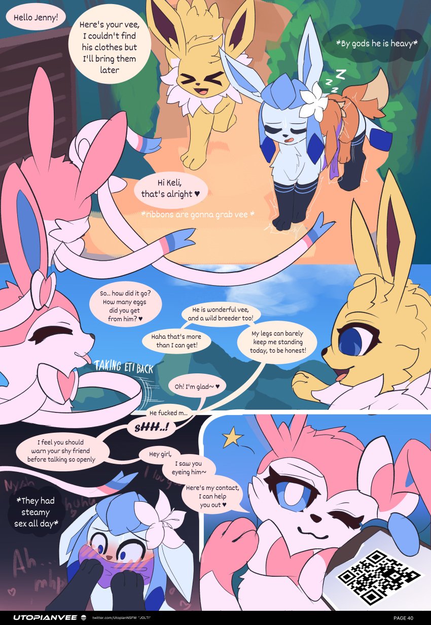 3_toes absurd_res accessory blush bow_ribbon comic dialogue dirty_talk eevee eeveelution english_text eti_(utopianvee) feet female feral generation_1_pokemon generation_4_pokemon generation_6_pokemon glaceon group hair_accessory hair_ribbon hairbow hi_res jolteon lying male mammal mochi_(snowyembers) nintendo on_back open_mouth page_40 phone pokemon pokemon_(species) qr_code ribbons shy sleepin sylveon toes utopianvee