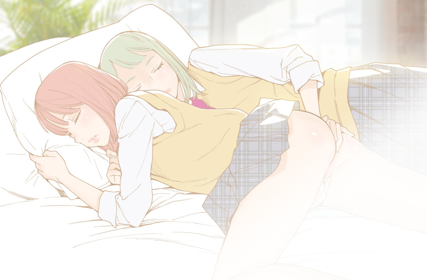 2girls brown_eyes closed_eyes clothes_lift cuddling fingering green_hair highres kishi_torajiro long_hair lying multiple_girls no_panties on_side original pillow school_uniform skirt skirt_lift sleeping wholesome yuri