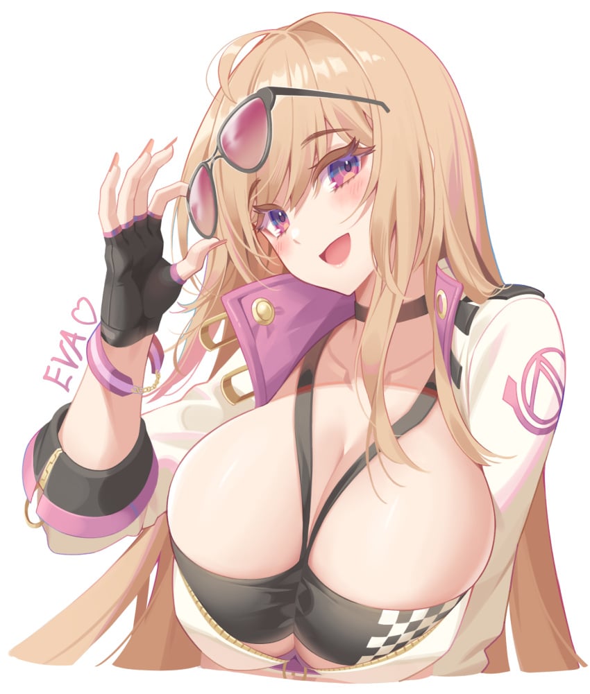 1girls adjusting_eyewear black_survival blonde_hair blush breasts bursting_breasts checkered_clothes cleavage collarbone eva_(black_survival) eyewear_on_head female female_only head_tilt highres holding holding_eyewear hop3 huge_breasts jacket light-skinned_female light_skin long_hair looking_at_viewer open_clothes open_jacket open_mouth pink_eyes purple_eyes race_queen simple_background smile solo sunglasses tinted_eyewear upper_body white_background