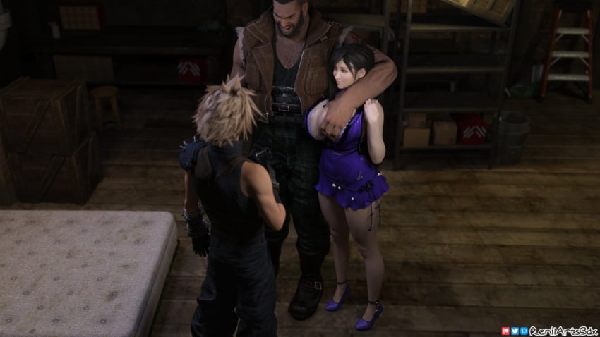 1girls 2boys 3d ass barret_wallace big_ass big_breasts cleavage cloud_strife dark-skinned_male dark_hair dark_skin final_fantasy final_fantasy_vii groping hugging interracial netorare renilarts3dx smooth_skin tifa_lockhart upskirt