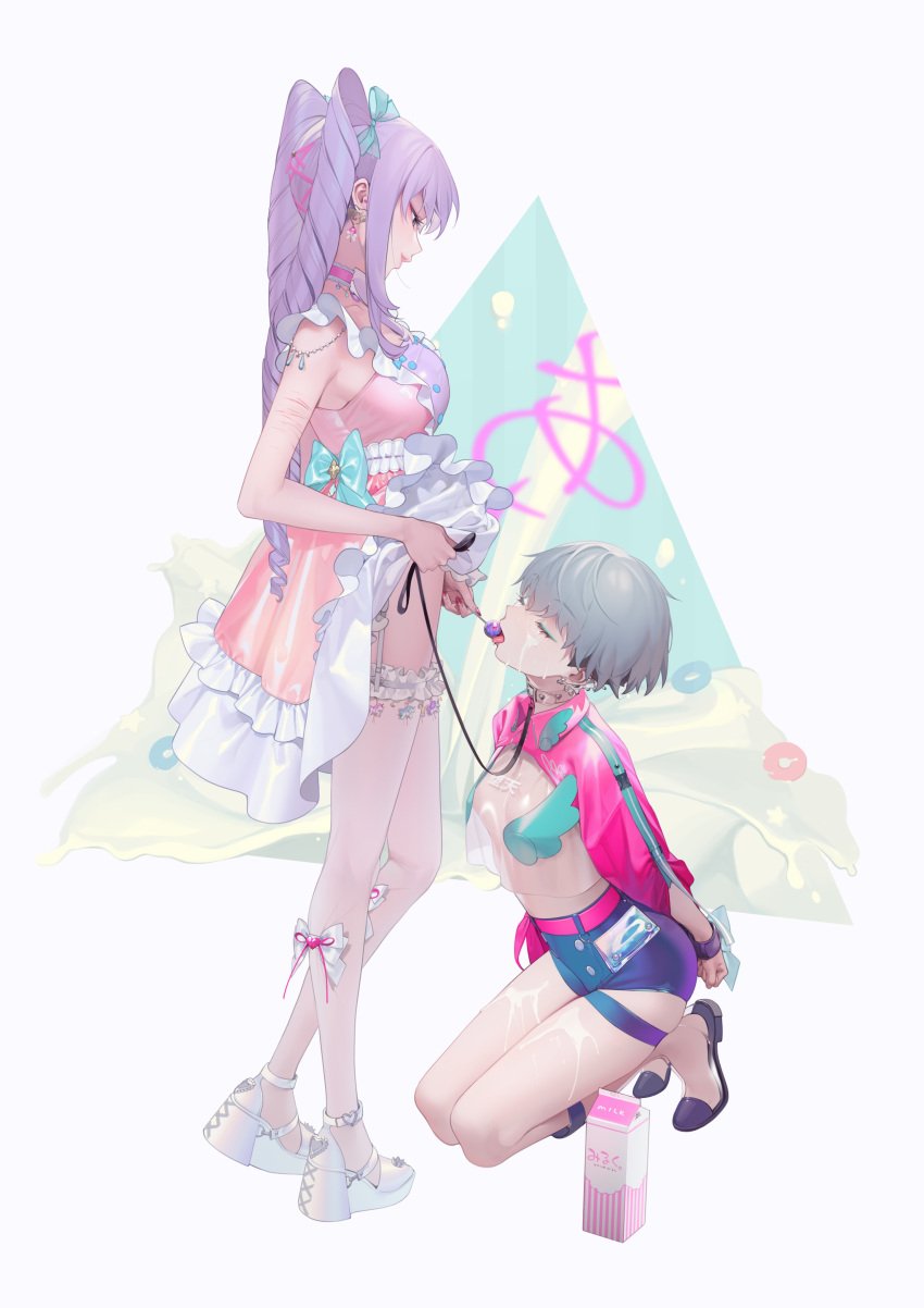 2girls blue_eyes bondage breasts candy character_request choker closed_eyes collar dress drill_hair earrings eyes_closed female food garter_straps grey_hair hair_ornament high_heels holding_lollipop jean_shorts kneeling leash lollipop makeup medium_breasts milk milk_carton ohisashiburi original original_character original_characters pink_dress purple_hair scratches see-through see-through_shirt shirt short_hair shorts standing thighhighs twin_drills twintails yuri