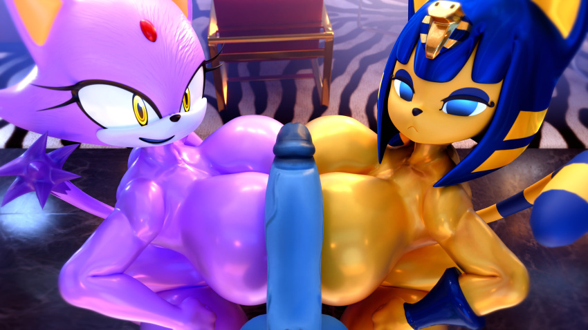 3d 3d_(artwork) 3d_model absurd_res animal_crossing ankha ankha_(animal_crossing) ankha_(hazeker) anthro armband balls big_breasts big_penis black_nose blaze_the_cat blender_(software) blue_body blue_eyes blue_fur blue_hair blue_penis breast_squish breasts breasts_frottage digital_media_(artwork) domestic_cat doubutsu_no_mori emotionless felid feline felis female forehead_gem fur genitals group hair hazeker hi_res looking_at_viewer male male/female mammal nairu_(doubutsu_no_mori) nintendo palisal penis purple_body purple_fur purple_hair sega smile sonic_(series) sonic_the_hedgehog_(series) squish tail trio yellow_body yellow_eyes yellow_fur