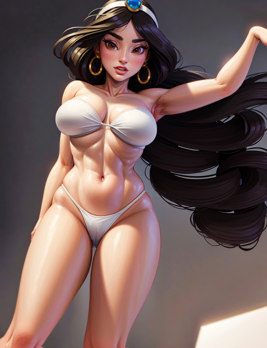 1girls ai_generated aladdin bikini breasts brown_eyes cameltoe disney disney_princess ear_piercing hair_ornament hoop_earrings large_breasts long_eyelashes long_hair ninart_ai princess_jasmine standing tagme thigh_gap