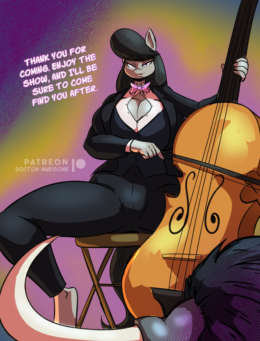 anthro anthrofied big_ass big_breasts big_butt clothing dr_awesomelbs english_text huge_ass huge_breasts huge_butt looking_at_viewer my_little_pony octavia_melody patreon_logo patreon_username smooth_skin suit text thebigbadwolf01 voluptuous