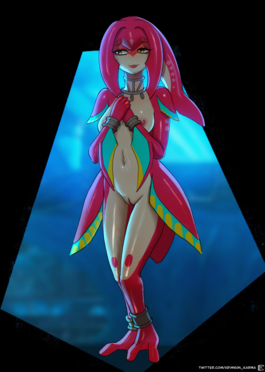 1girls areolae artist_logo breasts breath_of_the_wild cute female female_only fish full_body hands_on_chest hands_together hourglass_figure krimson_karma looking_away looking_to_the_side mipha naked naked_female neckwear nipples nude nude_female pussy small_breasts smile solo solo_female the_legend_of_zelda the_legend_of_zelda:_breath_of_the_wild twitter_link yellow_eyes zora