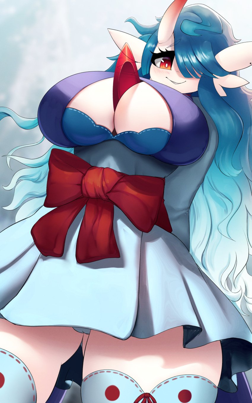 1girls absurd_res big_breasts blue_hair cleavage_cutout clothing commission faejunkie female female_only gardevoir generation_3_pokemon highlights_(coloring) horn humanoid long_hair looking_at_viewer mega_evolution mega_gardevoir nintendo panty_shot pokémon_(species) pokemon pokemon_(species) pokemorph red_eyes shiny_pokemon smiling smiling_at_viewer solo thick_thighs viewed_from_below white_highlights