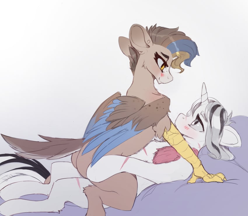 1boy blush brown_fur female female_on_top friendship_is_magic gertrude hasbro hi_res hippogriff horn hybrid looking_at_each_other looking_at_partner my_little_pony nsilverdraws on_back on_bed original_character scar smooth_skin stallion unicorn unicorn_horn white_fur wings yiazmat