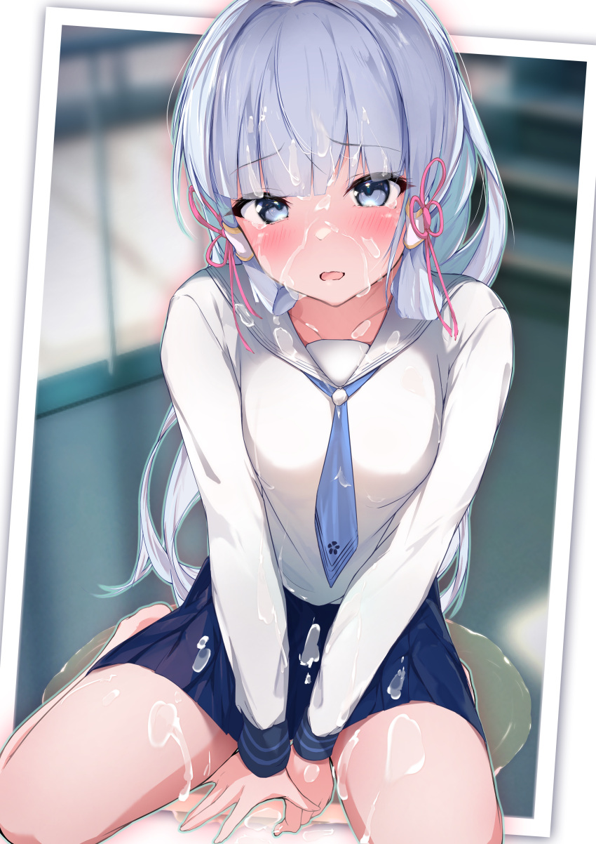 1girls blue_eyes blue_hair blue_skirt blush cum cum_on_breasts cum_on_clothes cum_on_face cum_on_hair cum_on_leg dermar eyebrows_visible_through_hair eyelashes genshin_impact hair_ornament kamisato_ayaka looking_at_viewer on_knees open_mouth ribbon school_uniform skirt tie tongue wet white_shirt