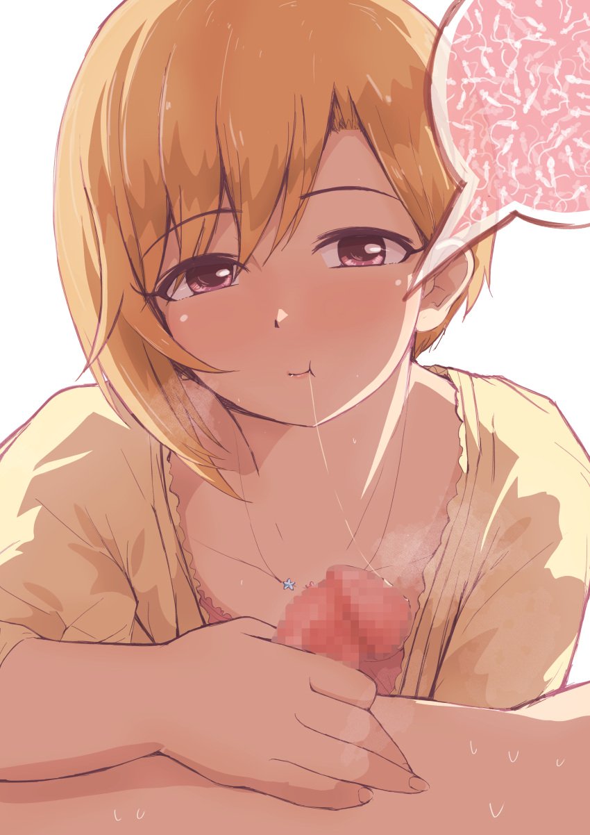 1boy absurdres after_fellatio aiba_yumi blonde_hair blush censored collarbone cum cum_in_mouth cum_string female flaccid hand_on_another's_penis highres idolmaster idolmaster_cinderella_girls looking_at_viewer mosaic_censoring penis short_hair simple_background small_penis sperm_cell steam sweatdrop tomawarinosuizou upper_body white_background