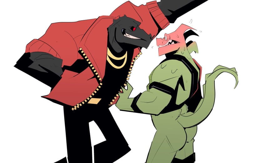 anthro ass ass bottomless bubble_ass bubble_butt clothed collar dark_body duo fortnite galanartworks gay green_body harness hybrid_(fortnite) lizard male male/male male_only nervous red_eyes scalie size_difference smiling tail thunder_(fortnite) yaoi