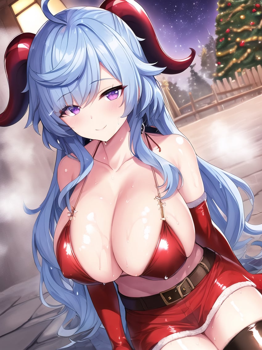 1girls ai_generated belt bikini bikini_top black_legwear blue_hair breasts christmas cleavage elbow_gloves ganyu_(genshin_impact) genshin_impact gloves horn huge_breasts micro_bikini nai_diffusion purple_hair smile thighhighs unajyu