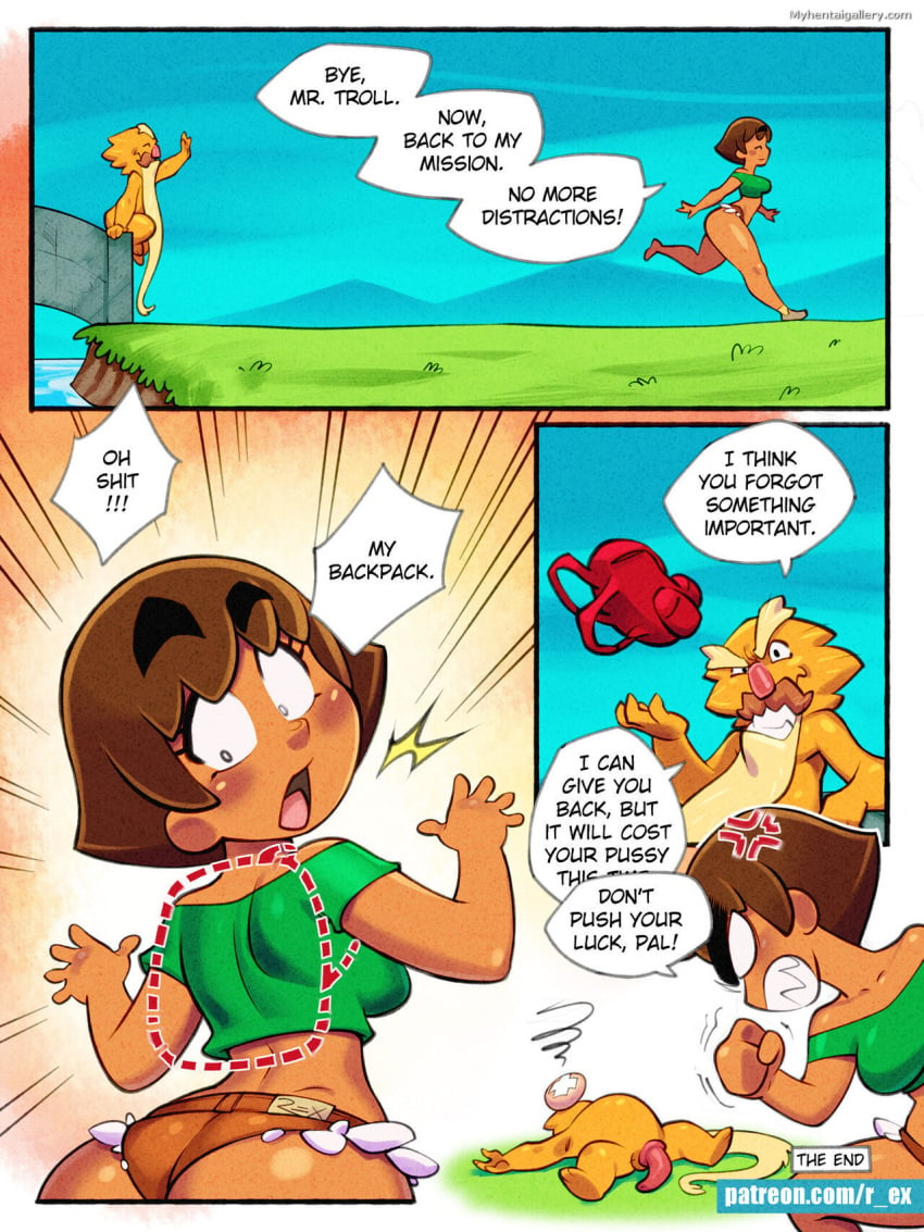 1boy 1girls backpack bag clothing comic comic_page dark_skin dialogue dora_the_explorer english_text female footwear human lora_(r_ex) male r_ex tagme