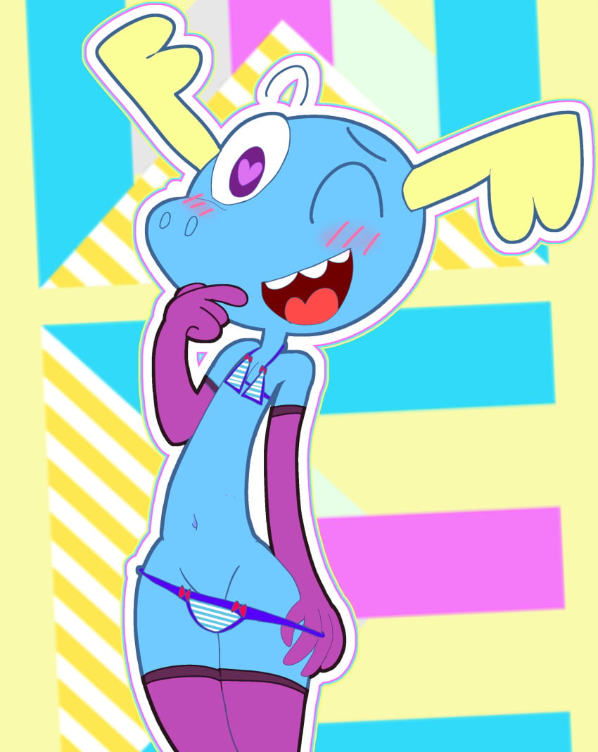 abstract_background androgynous anthro anthrofied asymmetrical_horns bikini blue_body blush clothed clothing crossdressing elbow_gloves gapreoline girly happy_tree_friends heart-shaped_pupils horns looking_at_viewer lumpy_(htf) male mammal me!me!me! meme_(me!me!me!)_(cosplay) midriff moose navel panties panties_around_leg panties_down purple_eyes purple_gloves purple_thighhighs red_bow smile solo striped_bikini striped_clothing swimwear symbol-shaped_pupils teeth thick_thighs thighhighs yellow_horns