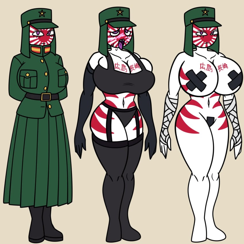 1girls ahe_gao big_ass clothing countryhumans countryhumans_girl covered_nipples covered_pussy ech0chamber female female_only japanese_empire_(countryhumans) japanese_text legwear looking_at_viewer markings military_uniform purple_eyes simple_background tattoo text underwear uniform