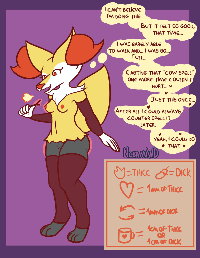 absurd_res anthro arm_warmers armwear ass big_butt braixen breasts canid canine clothing female fennec fox generation_6_pokemon genitals growth_drive hi_res inner_monologue legwear magic mammal nintendo nokamiwd pokemon pokemon_(species) pussy small_breasts solo stockings text thick_thighs