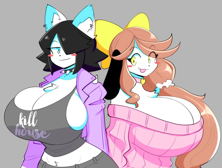 2girls :3 big_breasts breasts canine choker cleavage cowboy_shot dog duo female hairbow holly_applebee looking_at_viewer maggie_applebee mother_and_child mother_and_daughter multiple_girls rosy_cheeks smile theycallhimcake