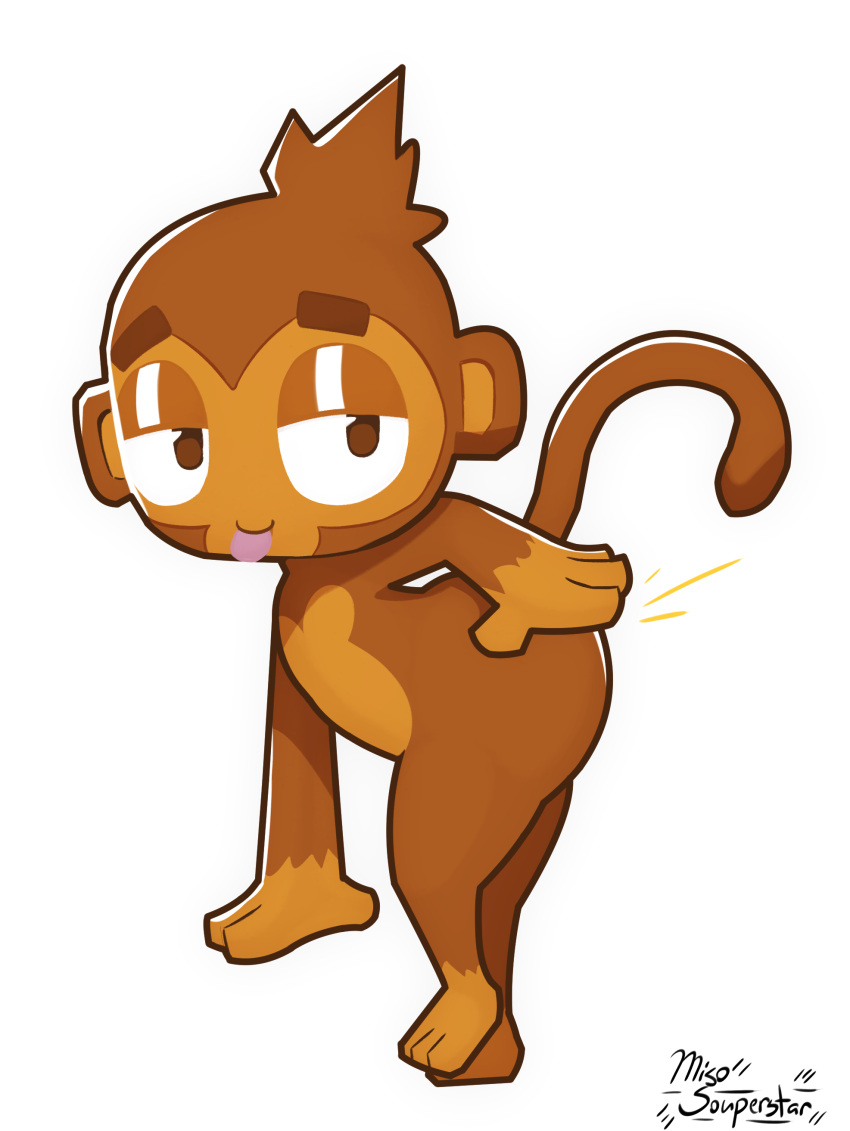 2023 3_toes 4_fingers absurd_res ambiguous_gender anthro bent_over blep bloons_tower_defense brown_body brown_fur brown_hair dart_monkey feet fingers fur gloves_(marking) hair haplorhine hi_res leg_markings mammal markings miso_souperstar monkey ninja_kiwi nude on_model orange_body orange_fur primate purple_tongue self_spanking side_view simple_background socks_(marking) solo toes tongue tongue_out white_background