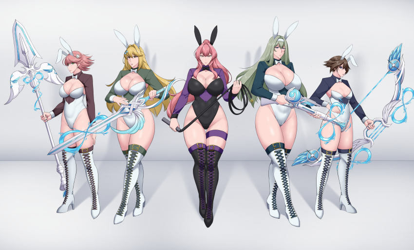 5girls big_breasts blonde_hair bow bowtie breasts brown_hair bunny_ear bunny_girl bunnysuit curvy exosister_asophiel exosister_elis exosister_gibrine exosister_irene exosister_kaspitell exosister_martha exosister_mikailis exosister_sofia exosister_stella exosisters female female_only pink_hair sword thigh_highs thighhighs weapon yonda545 yu-gi-oh!