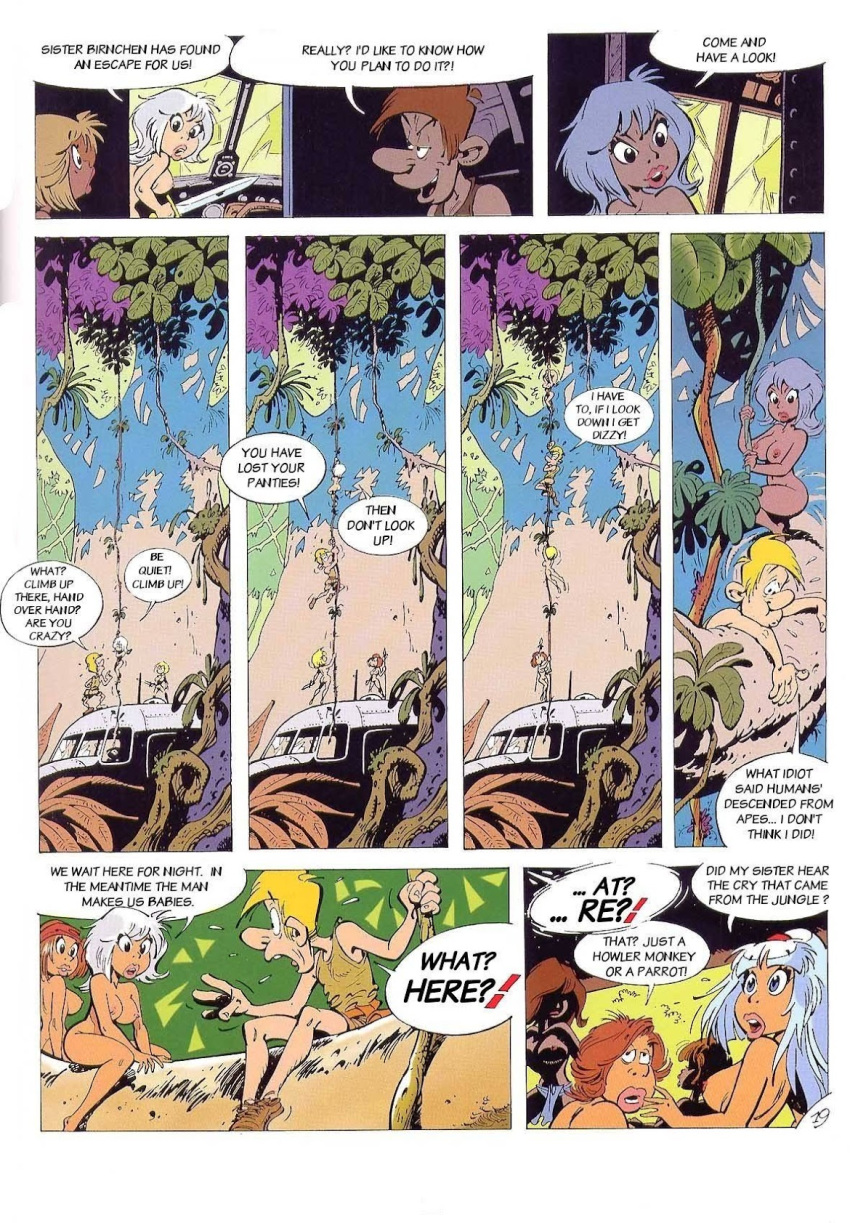 1990s 1999 1boy 20th_century airplane amazon ass blonde_hair blue_eyes blue_hair breasts brown_hair clothed_male clothed_male_nude_female clothes comic comic_page dialogue escape escaping hairband jungle light-skinned_female light-skinned_male loincloth long_hair low_in multiple_girls naked naked_female nipples nude nude_female orange_hair page_19 pierre_seron plane short_hair spear sword trees vine white_hair