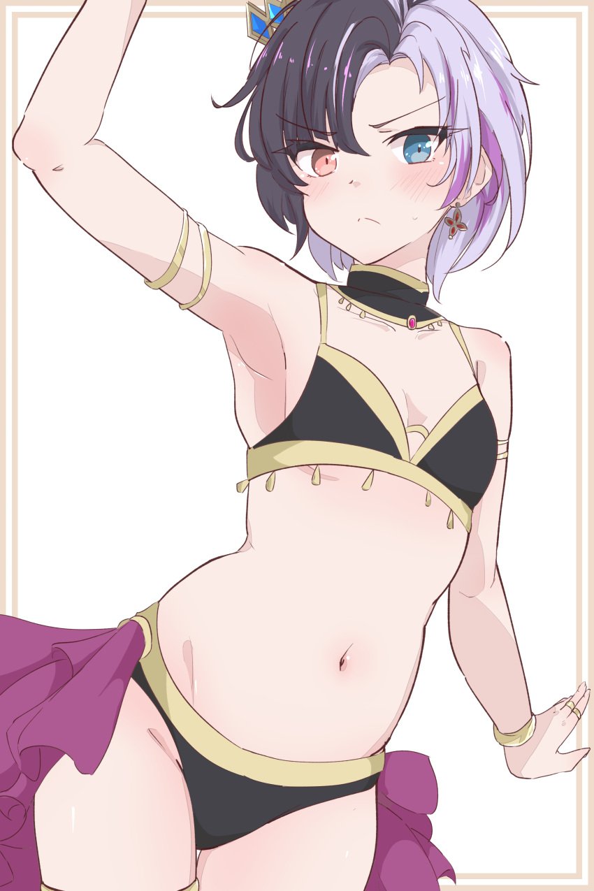 1girls asexual bikini black_hair crown dancer_outfit e-sekai flat_chest former_idol_corp_member harem_outfit heterochromia idol-en idol_corp multicolored_hair prince purple_hair rin_penrose small_breasts solo solo_female tagme two_tone_hair virtual_youtuber vtuber