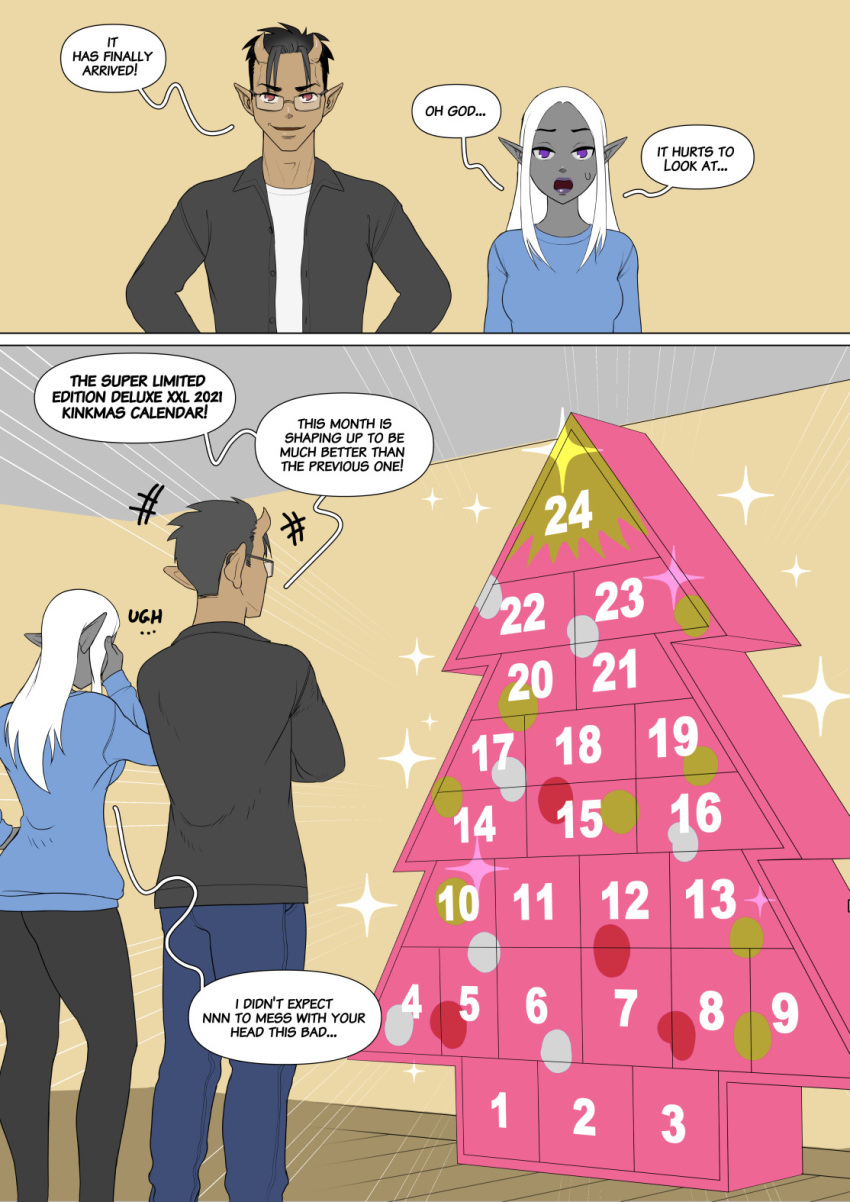 1boy 1girls calendar_(object) christmas comic comic_page dark_elf dialogue elf elf_ears english_text grey_skin madabalone page_0 page_number pointy_ears purple_eyes white_hair