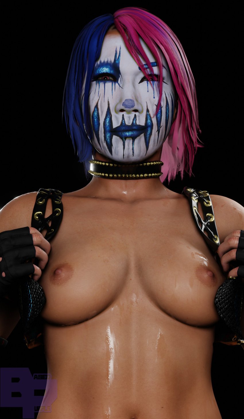 1girls 3d 3d_(artwork) asian asian_female asuka_(wwe_diva) based_purple blender blender_(software) breasts clown clown_girl clown_makeup exposed_breasts female female_only highres looking_at_viewer nipples smirk solo wrestler wrestling wwe wwe_2k wwe_2k23 wwe_diva