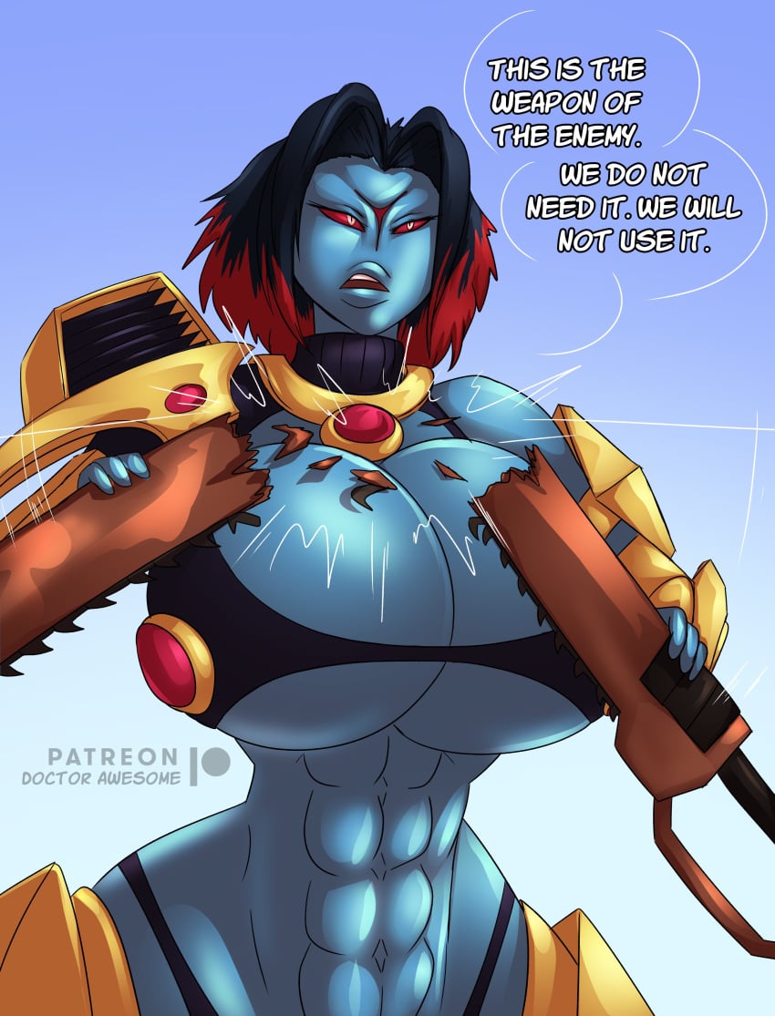 1girls abs alien alien_girl big_breasts blue_body dialogue dr_awesomelbs english_text female female_only fire_warrior huge_breasts solo solo_female speech_bubble tau text thebigbadwolf01 warhammer_(franchise) warhammer_40k