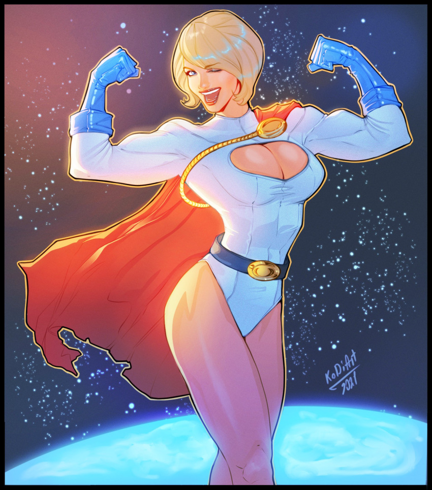 1girls blonde_hair cape dc dc_comics earth female female_only flex flexing fully_clothed karen_starr kodiart96 looking_at_viewer muscular_female power_girl solo space superheroine tagme wink