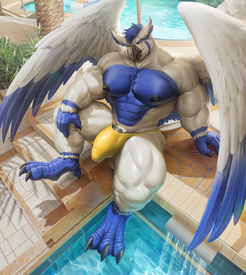 1boy 2021 abs anthro avian balls biceps bird blue_body blue_feathers blue_hair blue_talons bulge claws clothing day feathers finger_claws genitals hair hi_res male male_only muscular_thighs nipples obliques outside owl palm_tree pecs penis plant pool quads solo sova speedo steps swimwear takahirosi talons toe_claws tree water white_body white_feathers wings yellow_sclera