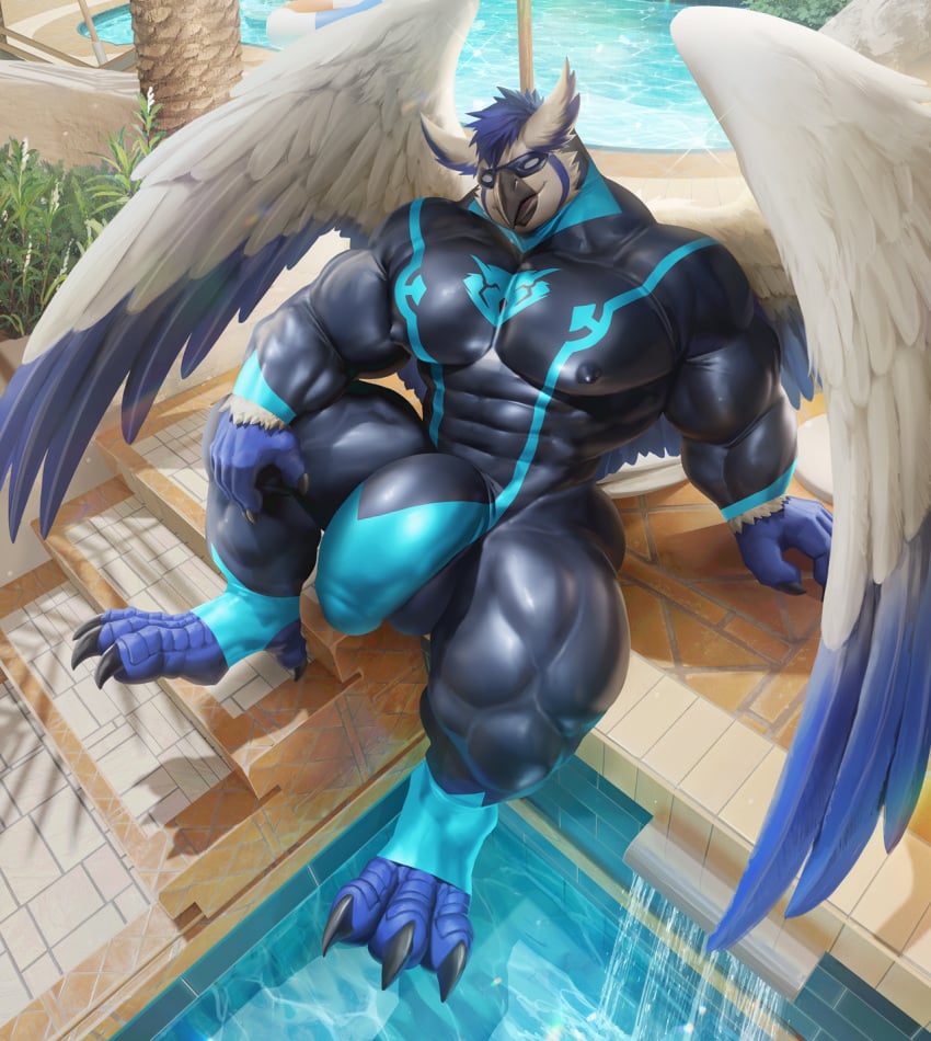 1boy 2021 abs anthro avian balls biceps big_balls big_penis bird blue_body blue_feathers blue_hair blue_talons bodysuit bulge claws clothing day eye_mask feathers finger_claws genitals hair hi_res humanoid_genitalia humanoid_penis male male_only muscular_thighs nipple_outline obliques outside owl palm_tree pecs penis plant pool quads rubber rubber_clothing rubber_suit skinsuit solo sova speedo steps swimwear takahirosi talons tight_clothing toe_claws tree water white_body white_feathers wings yellow_sclera