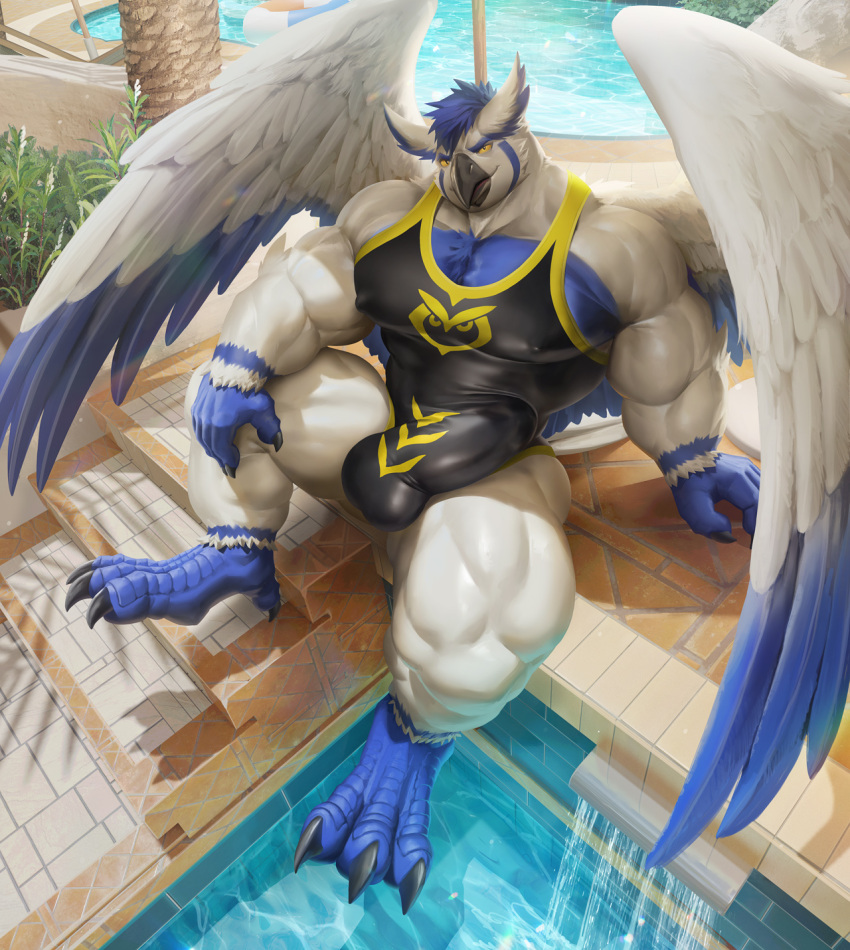 1boy 2021 abs anthro avian balls biceps bird blue_body blue_feathers blue_hair blue_talons bulge claws clothing day erection feathers finger_claws genitals hair hi_res humanoid_genitalia humanoid_penis male male_only muscular_thighs nipple_outline obliques outside owl palm_tree pecs penis plant pool quads shirt solo sova speedo steps swimwear takahirosi talons tank_top toe_claws topwear tree water white_body white_feathers wings yellow_sclera