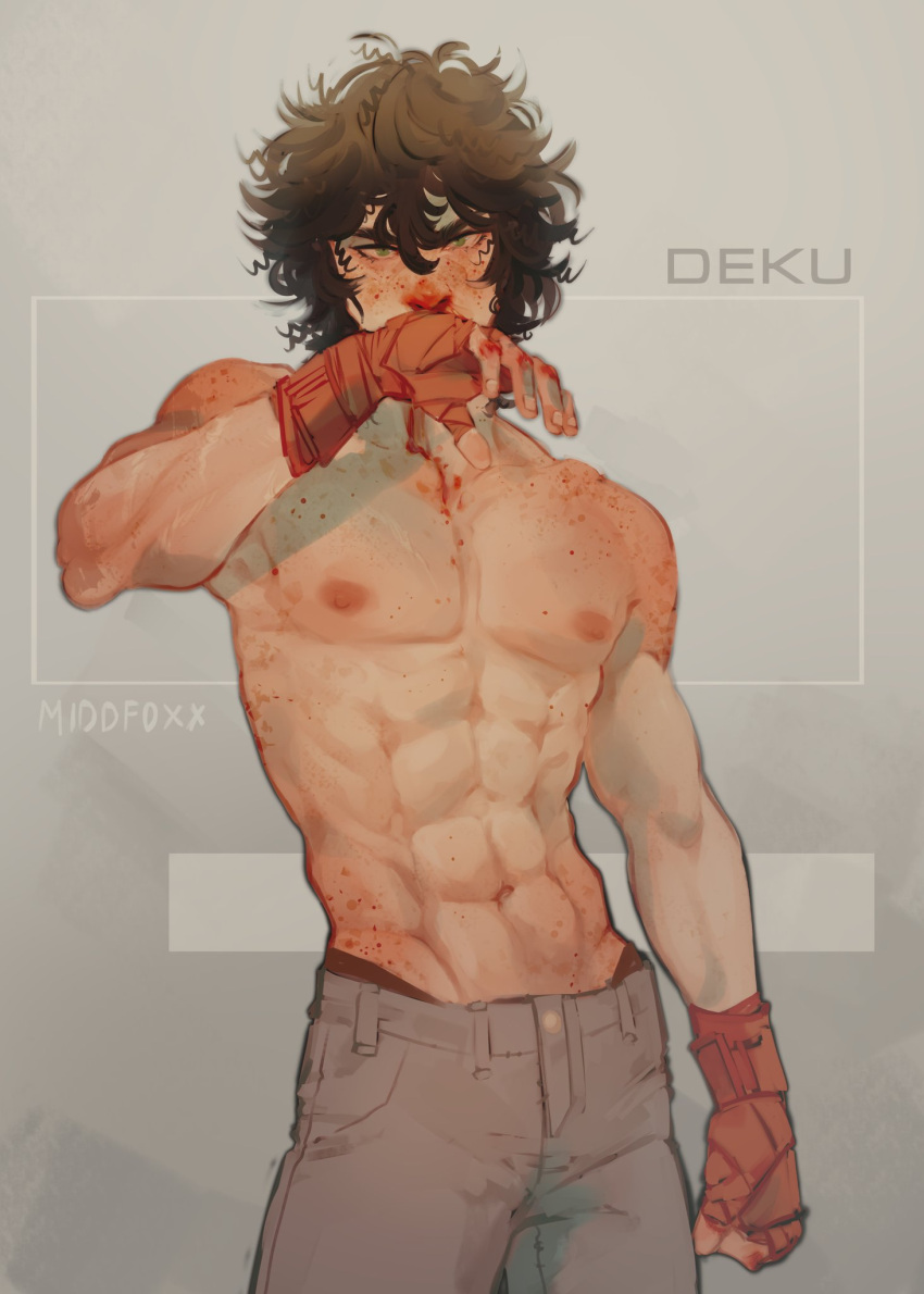 1boy abs blood blood_on_face bloody_nose boxing green_hair highleg highleg_panties izuku_midoriya male male_nipples male_only middfoxx muscles muscular muscular_arms muscular_male my_hero_academia nipples pecs solo_male sweatpants tied_hands topless twunk underwear_peek