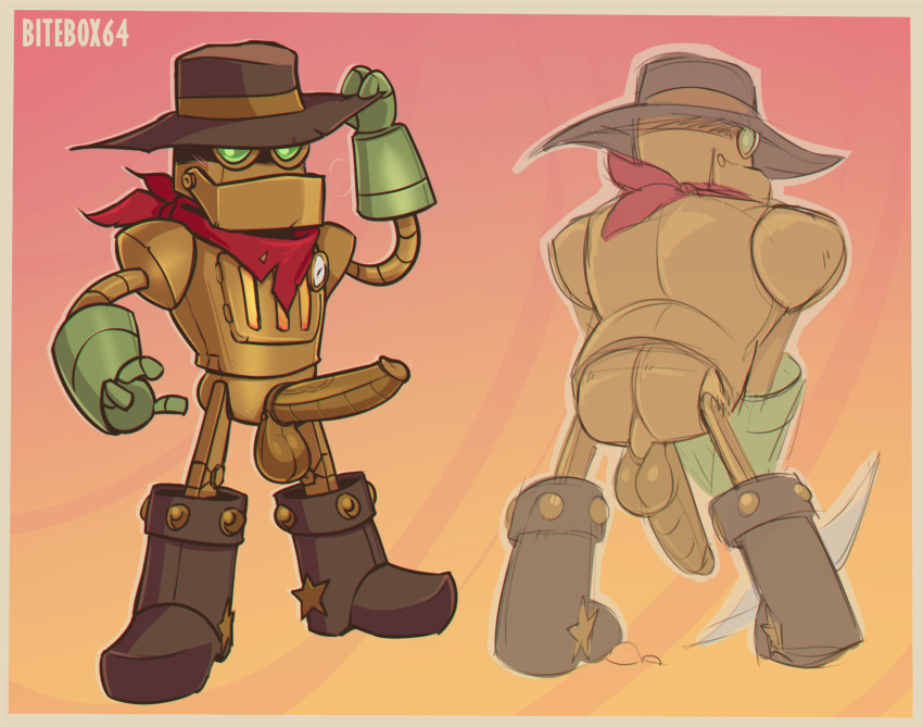 balls bitebox64 clothed clothing cowboy_hat erection genitals hat headgear headwear hi_res machine male male_only non-human partially_clothed penis robot rusty_(steamworld_dig) simple_background solo steamworld_dig toony