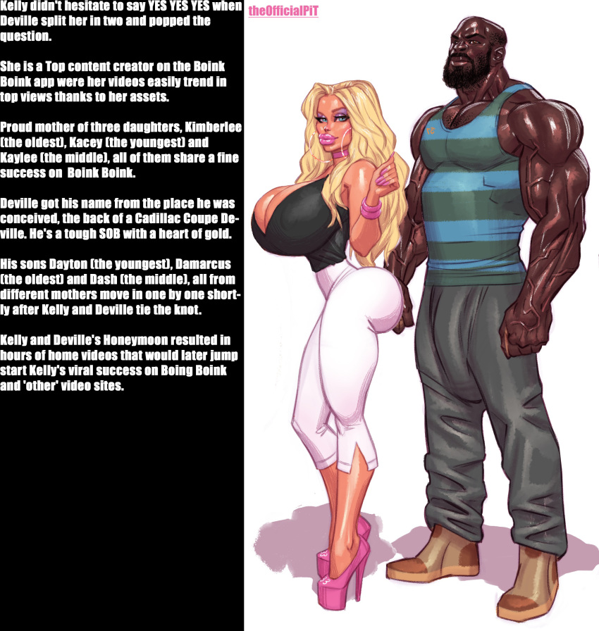 1boy 1girls ass biceps big_breasts bimbo blonde_hair blue_eyes breasts brown_eyes bubble_butt busty character_sheet cleavage dark-skinned_male dark_skin deville_brady dilf female full_body high_heels hourglass_figure husband_and_wife interracial kelly_brady light-skinned_female light_skin lipstick makeup male milf muscular muscular_male tagme tan tan_body tan_skin text the_brady_bunch theofficialpit wide_hips wife