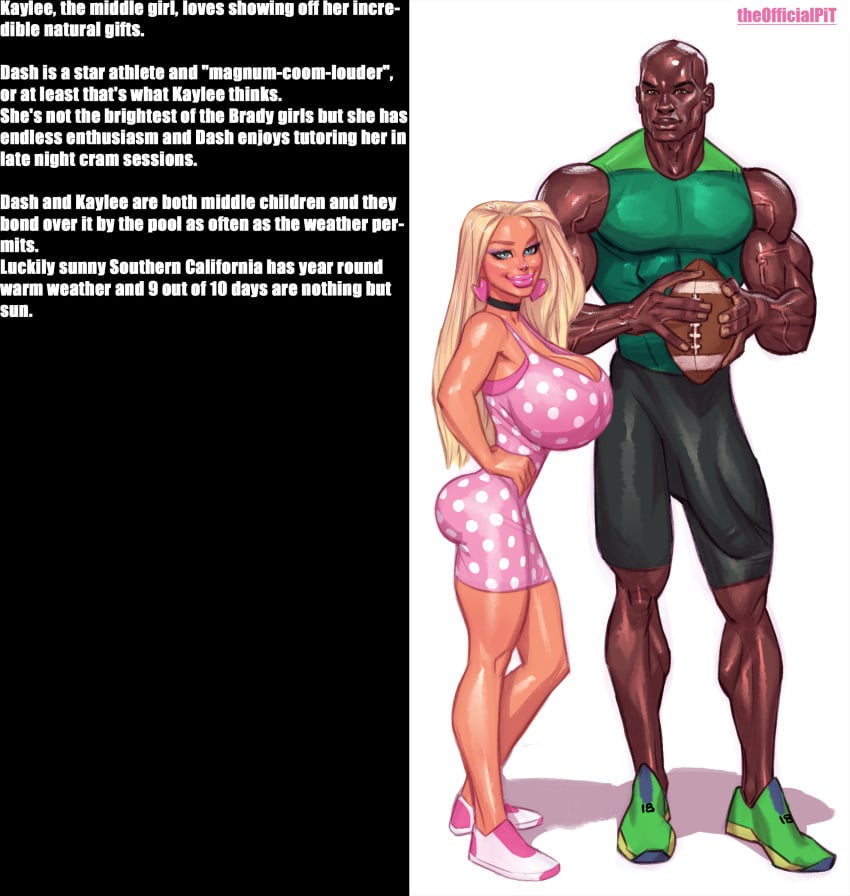 1boy 1girls ass big_ass big_lips big_penis bimbo bimbo_lips bimbofication blonde_hair blue_eyes breasts brown_eyes bubble_butt bulge busty character_sheet clothed clothing dark-skinned_male dark_skin dash_brady female full_body hourglass_figure interracial kaylee_brady large_breasts larger_male light-skinned_female light_skin long_hair looking_at_viewer male muscles muscular muscular_female muscular_male queen_of_spades size_difference smaller_female stepbrother stepsibling stepsister tan tan_body tan_skin text the_brady_bunch theofficialpit wide_hips