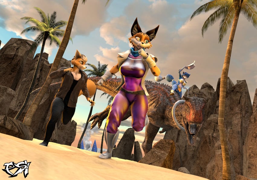 abelisaurid absurd_res anthro armor arwing black_body black_scales blue_body blue_fur blue_hair boots bottomwear bra breasts canid canine canis carnotaurus chains claws clothed clothing collar cowboy_hat denim denim_clothing digital_media_(artwork) dinosaur felid feline female footwear fox fox_mccloud fur genitals gloves group hair handwear hat headgear headwear hi_res horn humanoid jacket jeans jewelry krystal leather leather_clothing leather_jacket leather_topwear legwear loincloth lynx male mammal miyu_lynx multicolored_body navel necklace nintendo open_mouth palm_tree pants plant psikokinetic red_body red_scales reptile riding rock running scales scalie smile star_fox tail teeth theropod tongue topwear tree trio underwear white_body white_fur