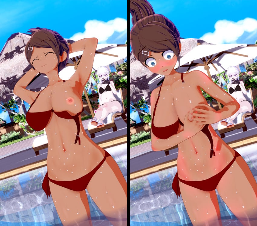 2girls 3d accidental_exposure asahina_aoi bikini bikini_bottom bikini_top blush breasts covering covering_breasts danganronpa danganronpa:_trigger_happy_havoc danganronpa_1 embarrassed embarrassed_nude_female enf exposed_breasts female female_only kirigiri_kyouko koikatsu large_breasts multiple_girls nude pool smooth_skin solo_focus ultimateenf wardrobe_malfunction