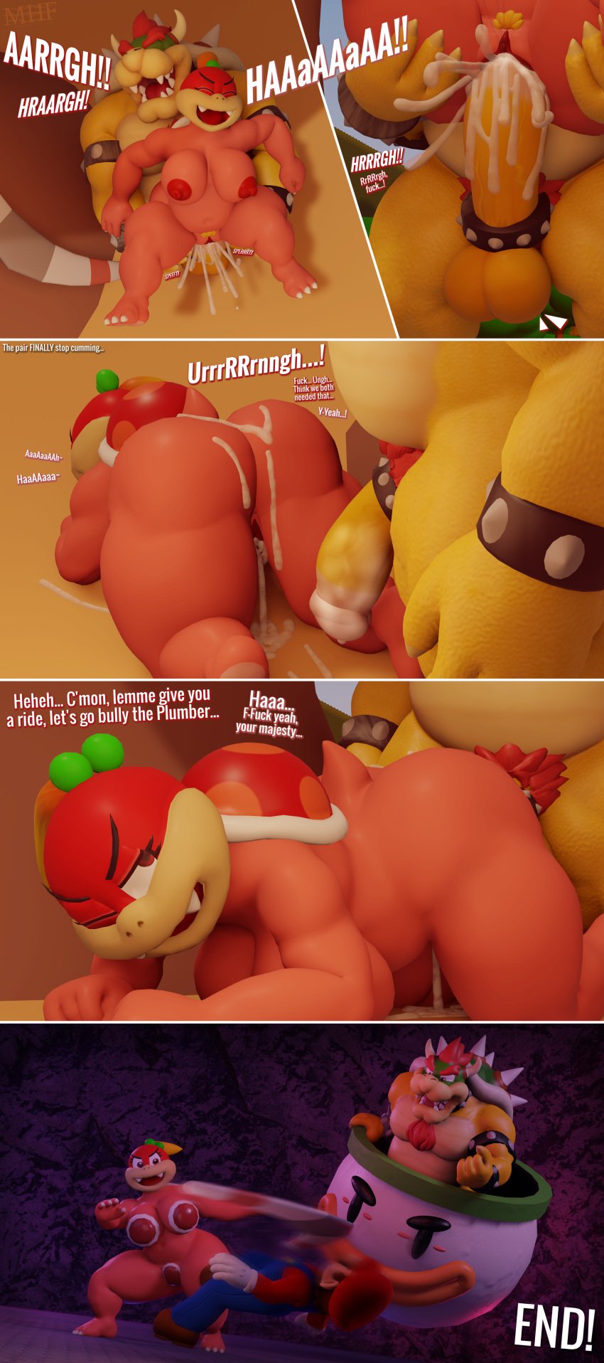 3d 3d_(artwork) absurd_res anthro armor ass balls big_butt big_penis bodily_fluids bowser breasts cock_ring comic cum cum_in_pussy cum_inside cum_on_butt cumshot dialogue digital_media_(artwork) duo ejaculation female genital_fluids genitals hi_res koopa koopa_clown_car male male/female mario mario_(series) moorsheadfalling nintendo nipples penetration penis pom_pom_(mario) scalie super_mario_3d_land tagme text vaginal_penetration