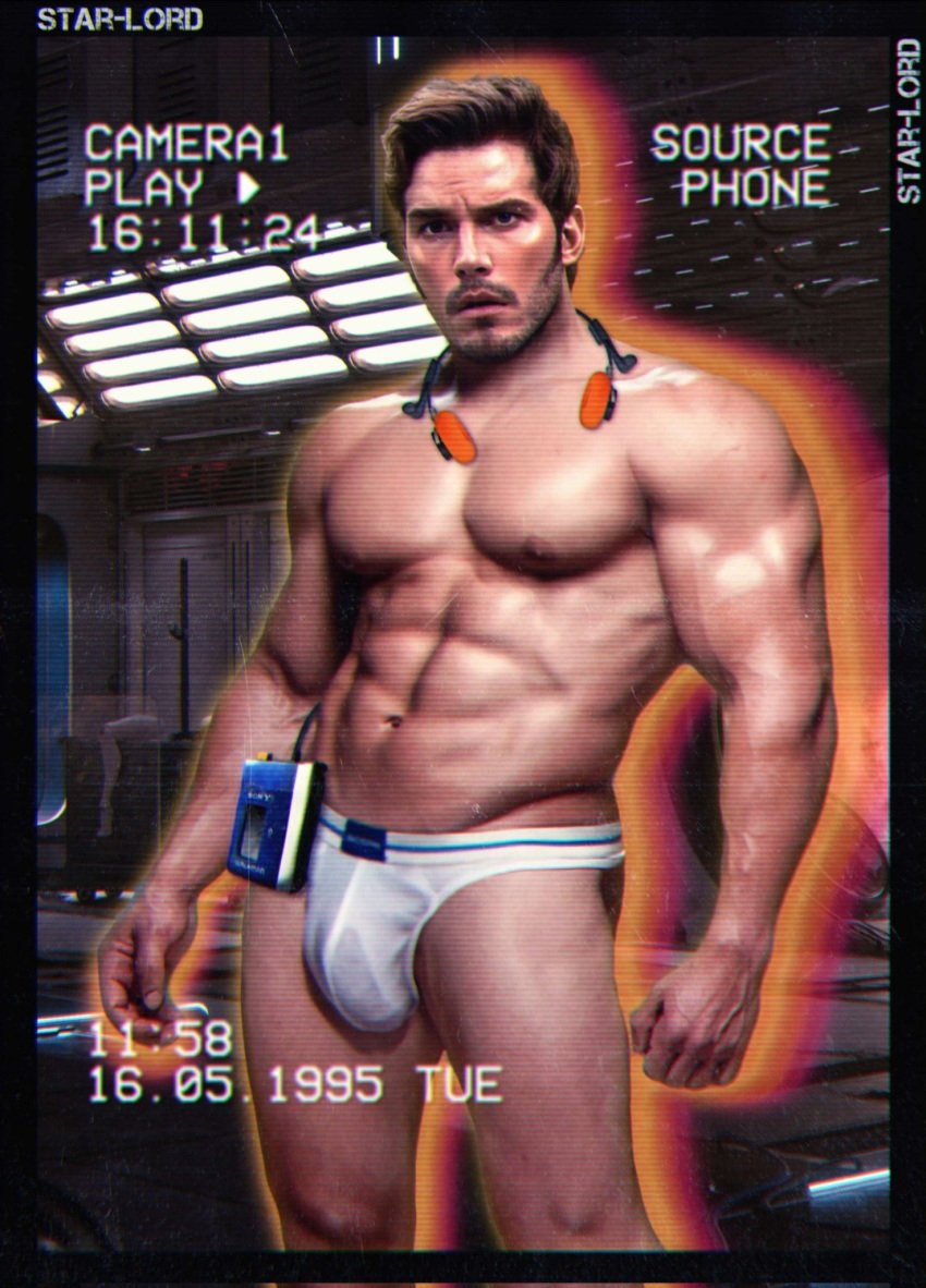 31fr0sty abs actor ai_generated biceps big_bulge briefs bulge bulging_biceps celebrity chris_pratt english_text filming guardians_of_the_galaxy huge_bulge in_character male male_only marvel marvel_cinematic_universe muscles muscular muscular_male pecs peter_quill recording see-through_underwear shirtless_male smooth_chest smooth_skin standing starlord thick_thighs underwear underwear_only