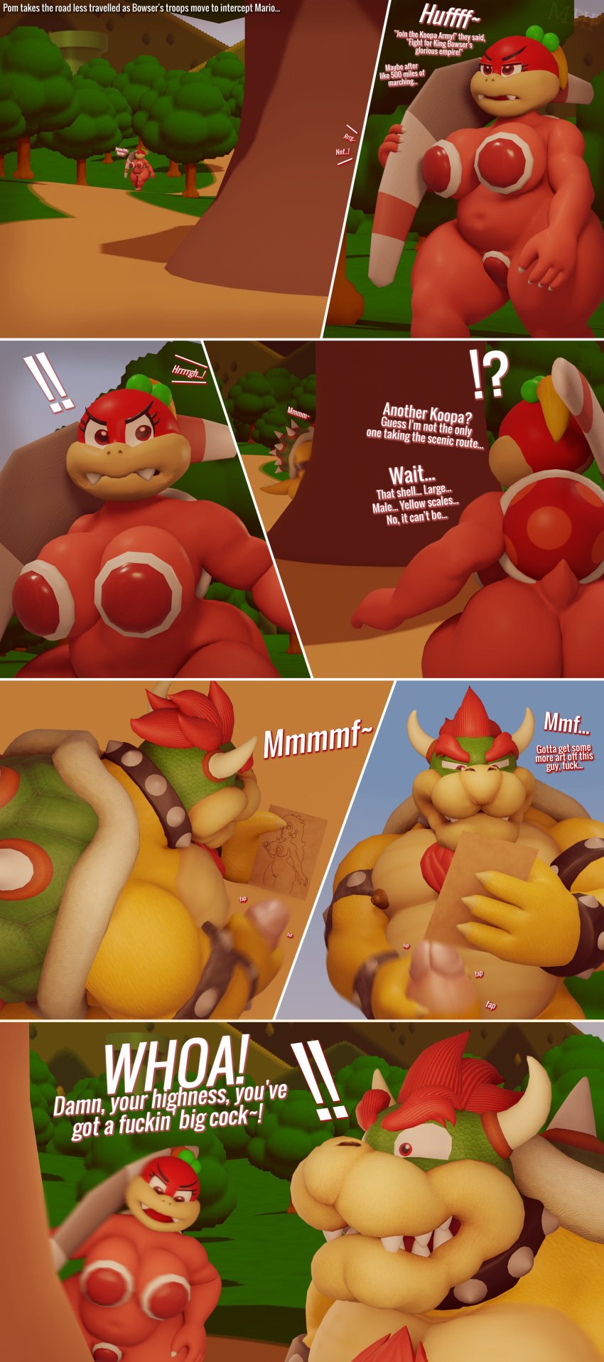 3d 3d_(artwork) absurd_res anthro armor ass big_butt big_penis bowser breasts comic dialogue digital_media_(artwork) duo female genitals hi_res male male/female mario_(series) masturbation moorsheadfalling nintendo penis pom_pom_(mario) super_mario_3d_land tagme text