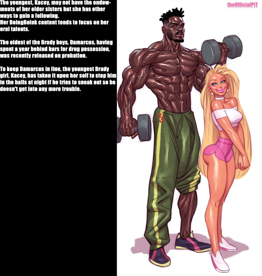 1boy 1girls ass big_ass big_penis blonde_hair blue_eyes breasts brown_eyes bubble_butt bulge busty character_sheet damarcus_brady dark-skinned_male dark_skin female full_body hourglass_figure huge_cock interracial kacey_brady large_breasts light-skinned_female light_skin long_hair male medium_breasts muscles muscular muscular_female muscular_male pale-skinned_female penis_to_the_knees pink_shorts stepbrother stepsibling stepsister straight tan tan_body tan_skin text the_brady_bunch theofficialpit wide_hips yellow_hair